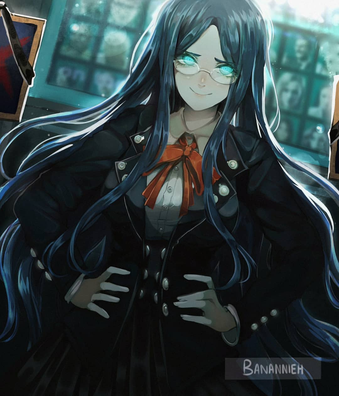 1girl artist_name bananniehh black_corset black_jacket black_skirt blue_eyes blue_hair bow bowtie buttons closed_mouth collared_jacket collared_shirt commentary_request corset cowboy_shot danganronpa_(series) danganronpa_v3:_killing_harmony dress_shirt dutch_angle eyelashes glasses glowing glowing_eyes hands_on_own_hips highres iei indoors jacket lapels layered_sleeves light_blush light_particles lips long_hair long_sleeves monitor notched_lapels open_clothes open_jacket orange_bow orange_bowtie pink_lips pleated_skirt round_eyewear shirogane_tsumugi shirt sidelocks skirt smile solo spanish_commentary spoilers standing very_long_hair wavy_hair white_shirt