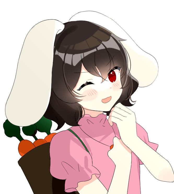 1girl :3 ;d animal_ears black_hair blush carrot chimi_(s2yuyukos2) commentary_request dress floppy_ears inaba_tewi jewelry looking_at_viewer necklace one_eye_closed open_mouth pink_dress puffy_short_sleeves puffy_sleeves rabbit_ears red_eyes short_hair short_sleeves simple_background smile solo touhou upper_body v-shaped_eyebrows white_background