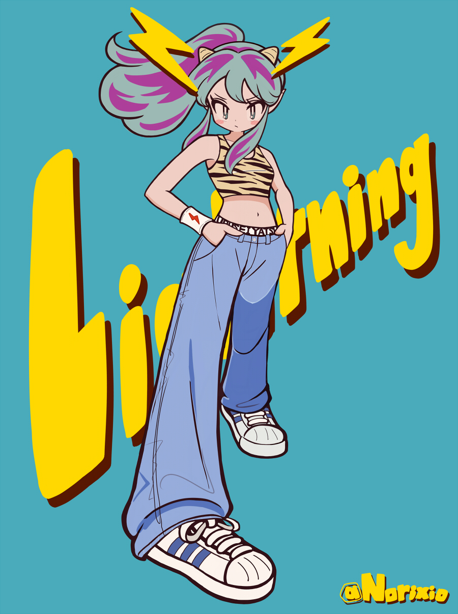 1girl alternate_costume animal_print artist_name blue_background blue_pants commentary cone_hair_bun denim english_commentary english_text full_body green_hair hair_bun hands_in_pockets highres lightning_bolt_symbol long_hair looking_at_viewer lum midriff navel norixio pants ponytail shoes sidelocks sneakers solo standing tiger_print urusei_yatsura v-shaped_eyebrows white_footwear wristband y2k_fashion