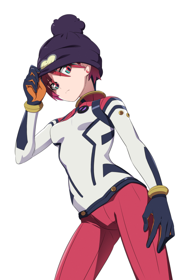 1girl amate_yuzuriha aqua_eyes bodysuit breasts gundam gundam_gquuuuuux hat holding holding_hat holding_unworn_clothes looking_at_viewer mecha_pilot_suit multicolored_bodysuit nanashino normal_suit_(gundam) open_mouth red_hair short_hair simple_background solo white_background