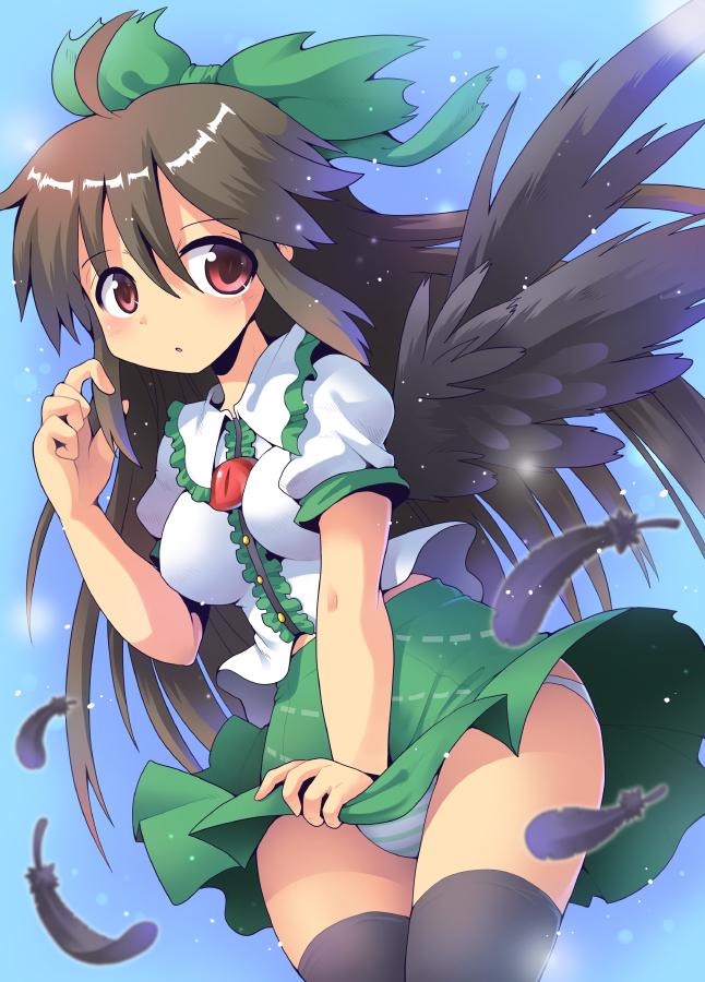 1girl ahoge black_hair black_thighhighs black_wings bow feathered_wings feathers female_focus hair_bow kurogarasu long_hair panties pantyshot red_eyes reiuji_utsuho skirt_hold solo striped_clothes striped_panties thighhighs touhou underwear very_long_hair wings