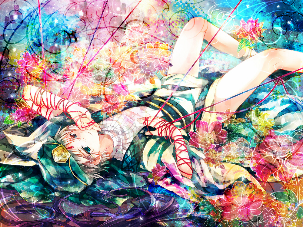 1boy bad_id bad_pixiv_id blonde_hair blue_eyes flower freckles green_eyes ja&#039;far_(magi) keffiyeh lying magi_the_labyrinth_of_magic male_focus ripples shigaraki_(strobe_blue) short_hair solo string string_of_fate thread