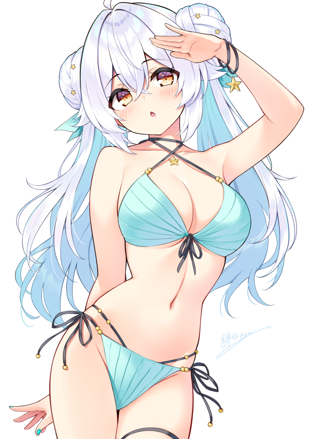 1girl ahoge arm_behind_back arm_up armpits bare_arms bare_shoulders bikini black_choker blue_bikini blue_hair breasts choker cleavage colored_inner_hair cowboy_shot criss-cross_halter cu-no double_bun front-tie_bikini_top front-tie_top hair_bun hair_ribbon halterneck highres hisen_kaede large_breasts long_hair looking_at_viewer multi-strapped_bikini_bottom multicolored_hair navel open_mouth parted_lips rapua_qive ribbed_bikini ribbon shading_eyes side-tie_bikini_bottom simple_background solo standing stomach strap_gap string_bikini swimsuit thigh_strap thighs twintails two-tone_hair white_background white_hair wristband yellow_eyes