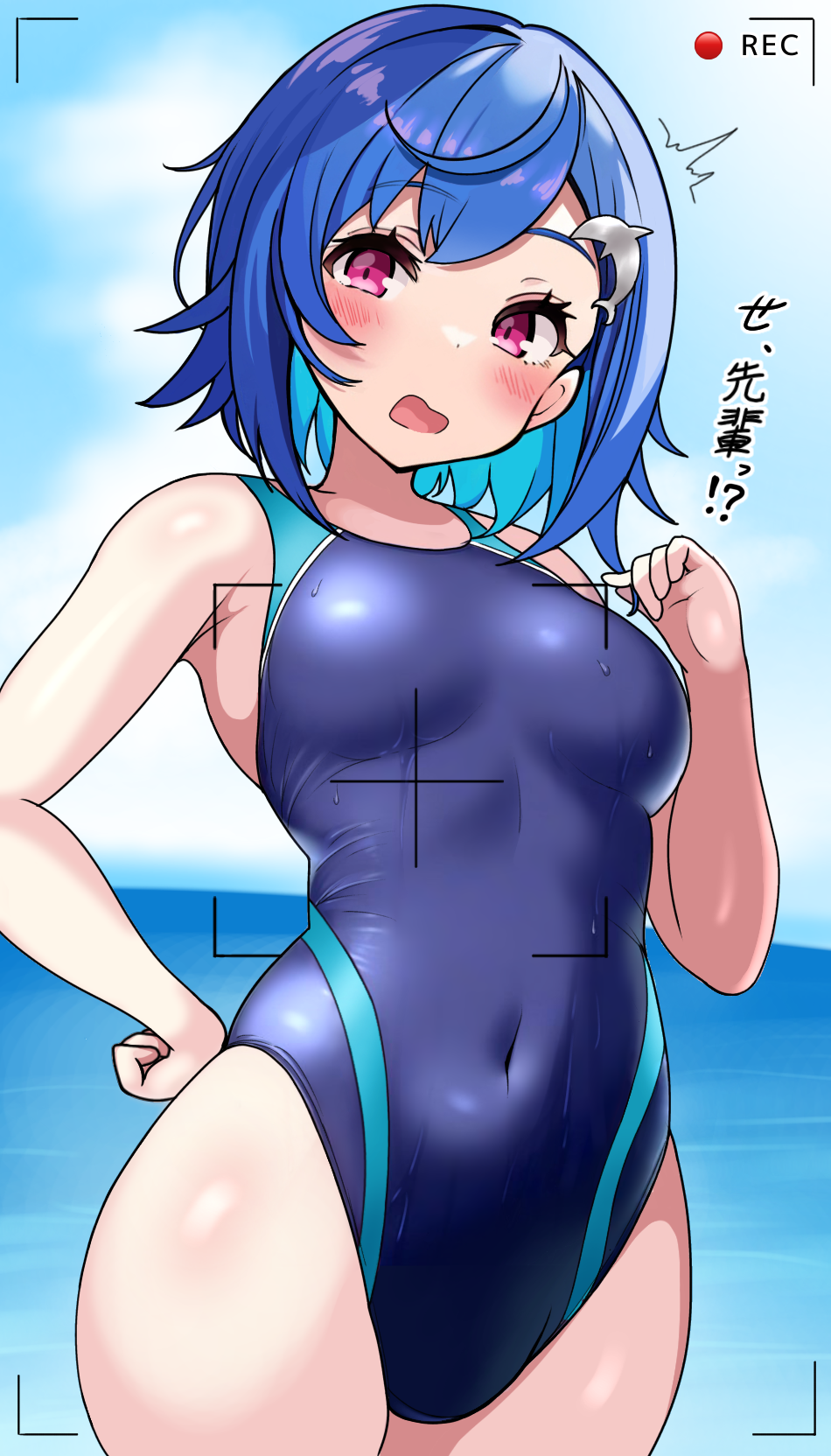 1girl blue_hair blue_one-piece_swimsuit blue_sky breasts cloud colored_inner_hair commentary_request competition_swimsuit covered_navel day dolphin_hair_ornament hand_on_own_hip highleg highleg_one-piece_swimsuit highres horizon looking_at_viewer multicolored_clothes multicolored_hair multicolored_swimsuit nijisanji nishizono_chigusa ocean one-piece_swimsuit open_mouth outdoors puramun purple_eyes recording short_hair sky solo swimsuit translation_request viewfinder virtual_youtuber