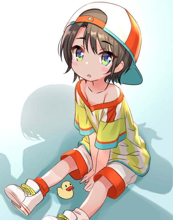 2girls aged_down backwards_hat baseball_cap between_legs blush_stickers brown_hair hand_between_legs hat hololive multiple_girls oozora_subaru oozora_subaru_(1st_costume) open_mouth qnakamura rubber_duck shadow shirogane_noel shirt shoes short_hair shorts striped_clothes striped_shirt tomboy virtual_youtuber you_gonna_get_raped