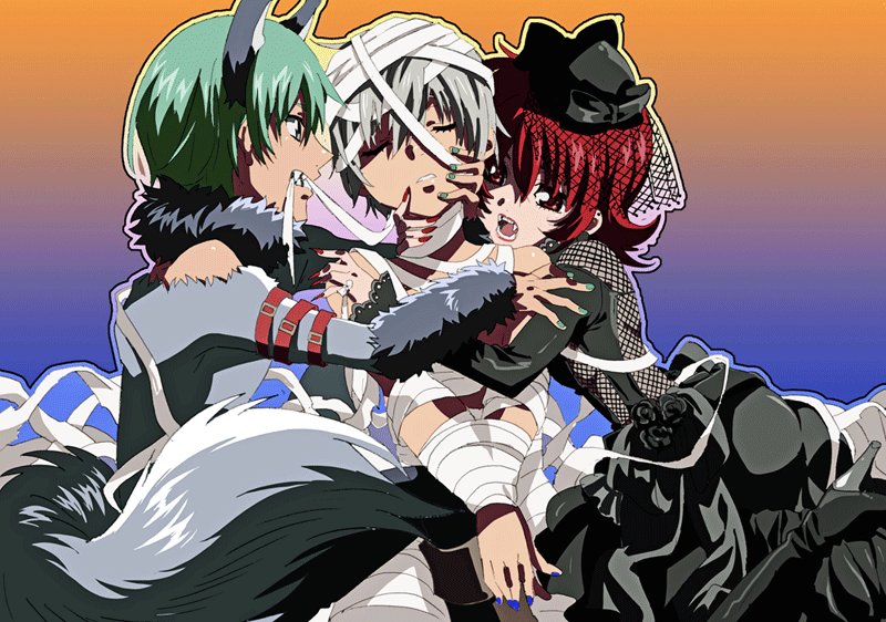 1girl 2boys ass bandages black_dress boots dress fake_tail fangs fingernails fumiko_(mesushi) green_hair halloween high_heel_boots high_heels iria_animi lipstick makeup multiple_boys mummy_costume nail_polish naked_bandage open_mouth red_eyes red_hair ruca_milda sharp_fingernails short_hair spada_belforma tail tales_of_(series) tales_of_innocence very_short_hair white_hair