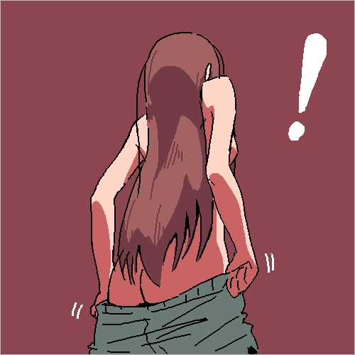 ! 1girl ammonio ass brown_hair dressing female_focus from_behind long_hair lowres original shorts solo