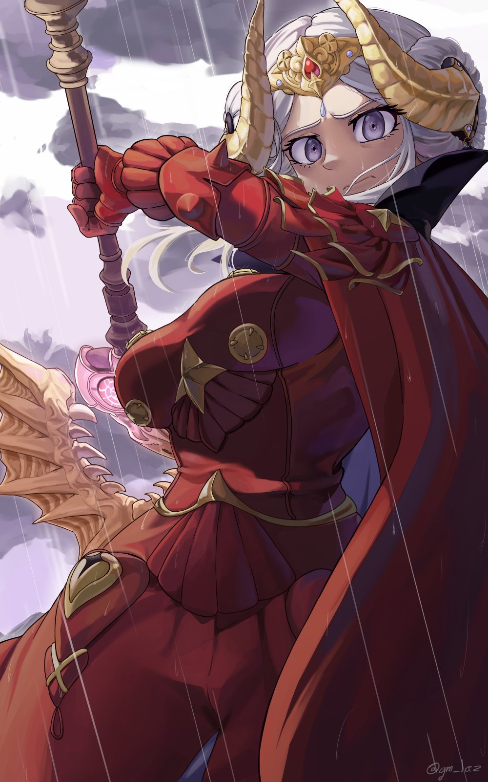 1girl axe aymr_(fire_emblem) cape commission edelgard_von_hresvelg fake_horns fire_emblem fire_emblem:_three_houses gloves goat_horns highres holding holding_axe horns laz_gm looking_at_viewer nintendo purple_eyes red_cape red_gloves white_hair