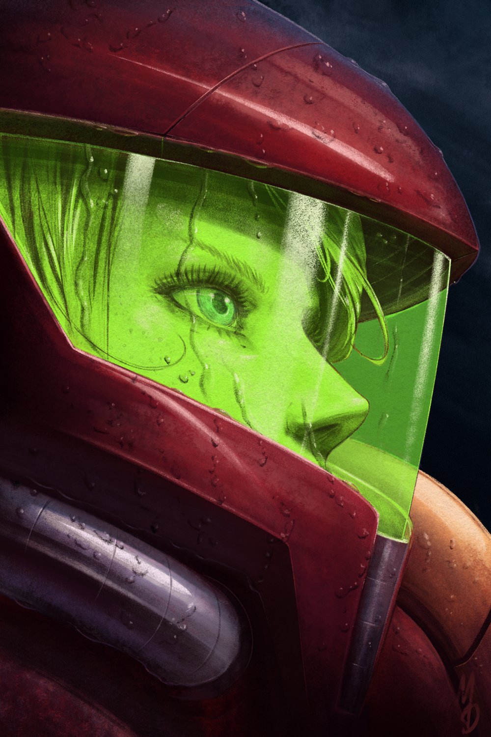 1girl armor assault_visor close-up from_side green_theme helmet highres max58art metroid nintendo nose profile rain samus_aran solo water wet