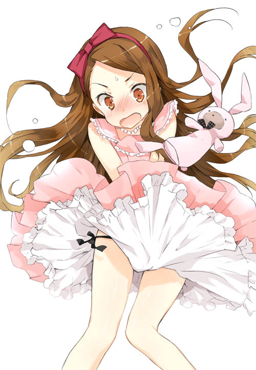 1girl bare_legs black_panties blush brown_eyes brown_hair commentary_request covering_crotch covering_privates cuteg duplicate hair_ribbon idolmaster idolmaster_(classic) long_hair minase_iori panties petticoat photoshop_(medium) ribbon side-tie_panties simple_background skirt skirt_tug solo stuffed_animal stuffed_rabbit stuffed_toy sweat the_seven-year_itch underwear usa-chan_(idolmaster) wind wind_lift