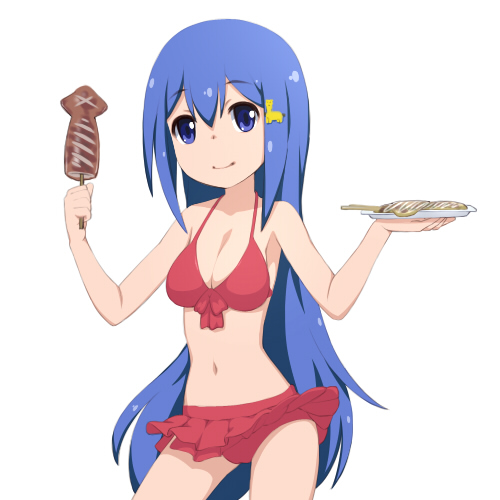 10s 1girl alpaca_hair_ornament bandou_marimo bikini blue_hair breasts caryo cleavage cowboy_shot female_focus food front-tie_bikini_top front-tie_top hair_ornament ikayaki long_hair looking_at_viewer lowres midori_boushi navel red_bikini simple_background smile solo squid swimsuit teekyuu very_long_hair white_background wind wind_lift