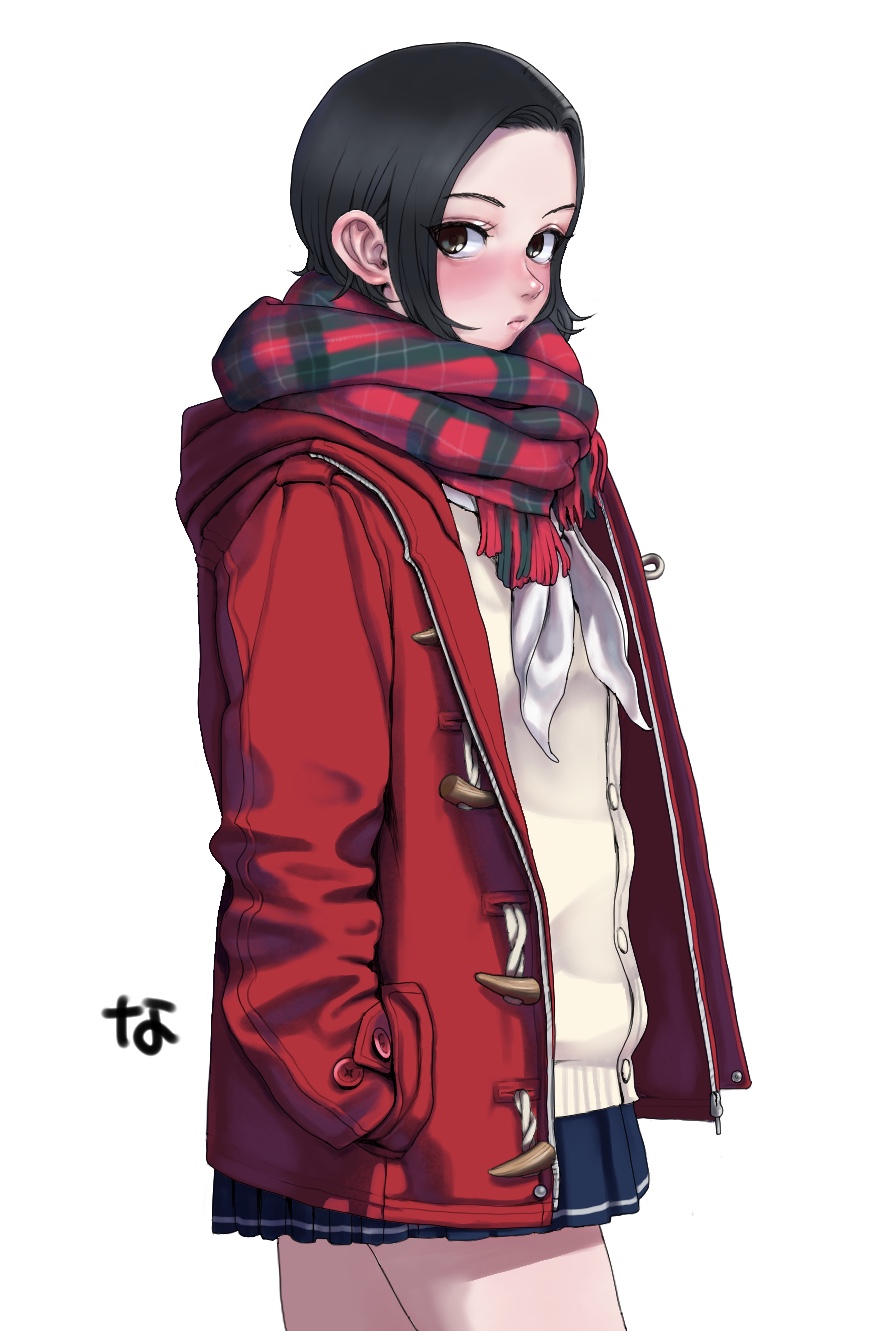 1girl black_eyes black_hair blush cardigan clip_studio_paint_(medium) coat commentary_request duffel_coat hands_in_pockets highres kobayakawa_rinko looking_at_viewer love_plus miniskirt nanja neckerchief open_clothes open_coat red_coat scarf school_uniform serafuku short_hair simple_background skirt solo white_background white_neckerchief