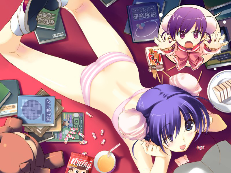 00s 2girls blue_eyes blue_hair bra bun_cover double_bun hair_bun himeyuri_ruri himeyuri_sango legs lying multiple_girls nakamura_takeshi panties reading spread_legs striped_clothes striped_panties to_heart_(series) to_heart_2 translated underwear underwear_only