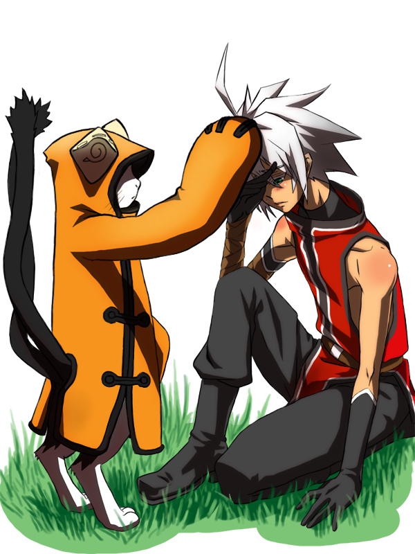 2boys arc_system_works black_pants blazblue cat jubei_(blazblue) male_focus multiple_boys pants pat headpat ragna_the_bloodedge sitting tail white_hair aged_down