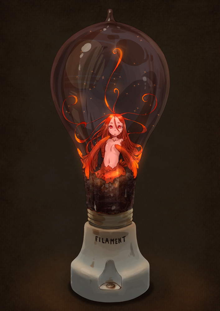 1girl :o bad_id bad_pixiv_id bird black_background breasts female_focus glowing hair_between_eyes light_bulb long_hair mini_person minigirl navel nucomas nude open_mouth orange_hair original personification phoenix red_eyes red_hair sitting small_breasts solo surprised topless winged_arms wings