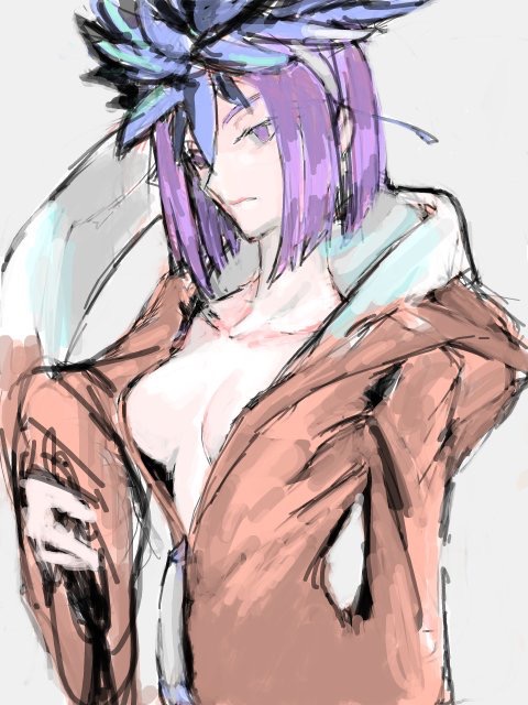 1girl breasts devil_survivor female_focus flower hair_flower hair_ornament kuzuryuu_amane long_coat partially_undressed purple_hair shin_megami_tensei solo upper_body