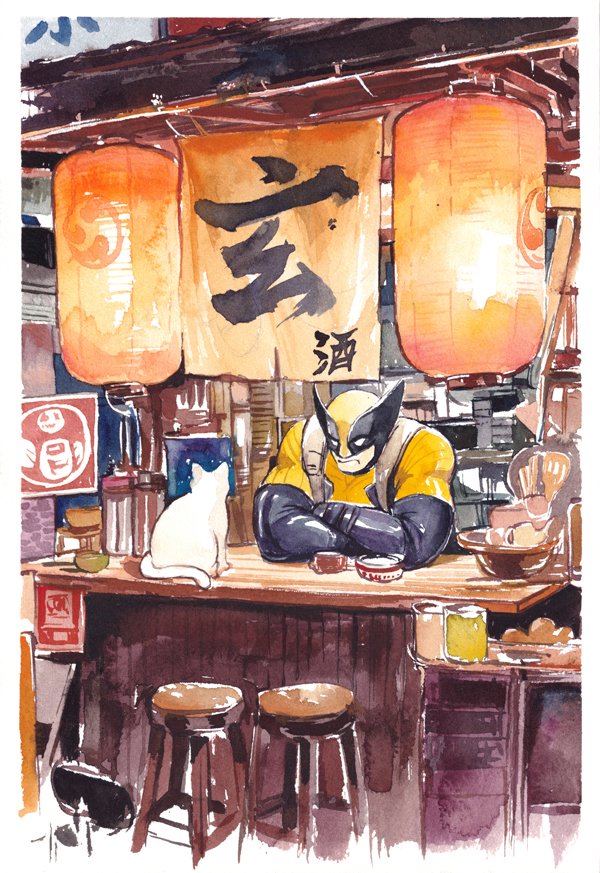 1boy alcohol animal bodysuit bottle bowl cat chair crossed_arms cup drink food food_stand gloves itoscaresme japan lantern long_sleeves looking_at_animal male_focus marvel mask muscular muscular_male painting_(medium) paper_lantern sakazuki sake sake_bottle traditional_media watercolor_(medium) white_cat wolverine_(x-men) x-men yellow_bodysuit