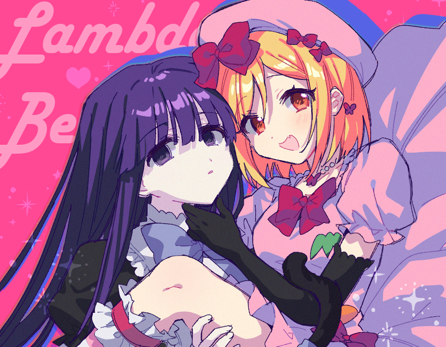 2girls black_gloves blonde_hair bow cat_tail dress frederica_bernkastel frilled_shirt_collar frills gloves lambdadelta long_hair multiple_girls pink_dress pink_headwear purple_eyes purple_hair red_eyes short_hair tail umineko_no_naku_koro_ni yang38