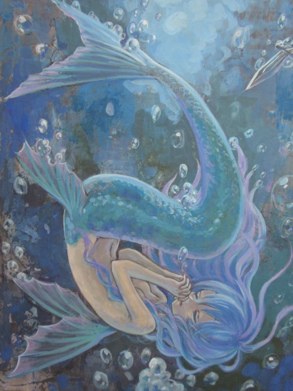 1girl ama-tou blue_theme bubble closed_eyes eyelashes female_focus fins full_body light_purple_hair long_hair mermaid monster_girl navel outdoors own_hands_clasped own_hands_together scales solo the_little_mermaid the_little_mermaid_(andersen) underwater very_long_hair water wavy_hair