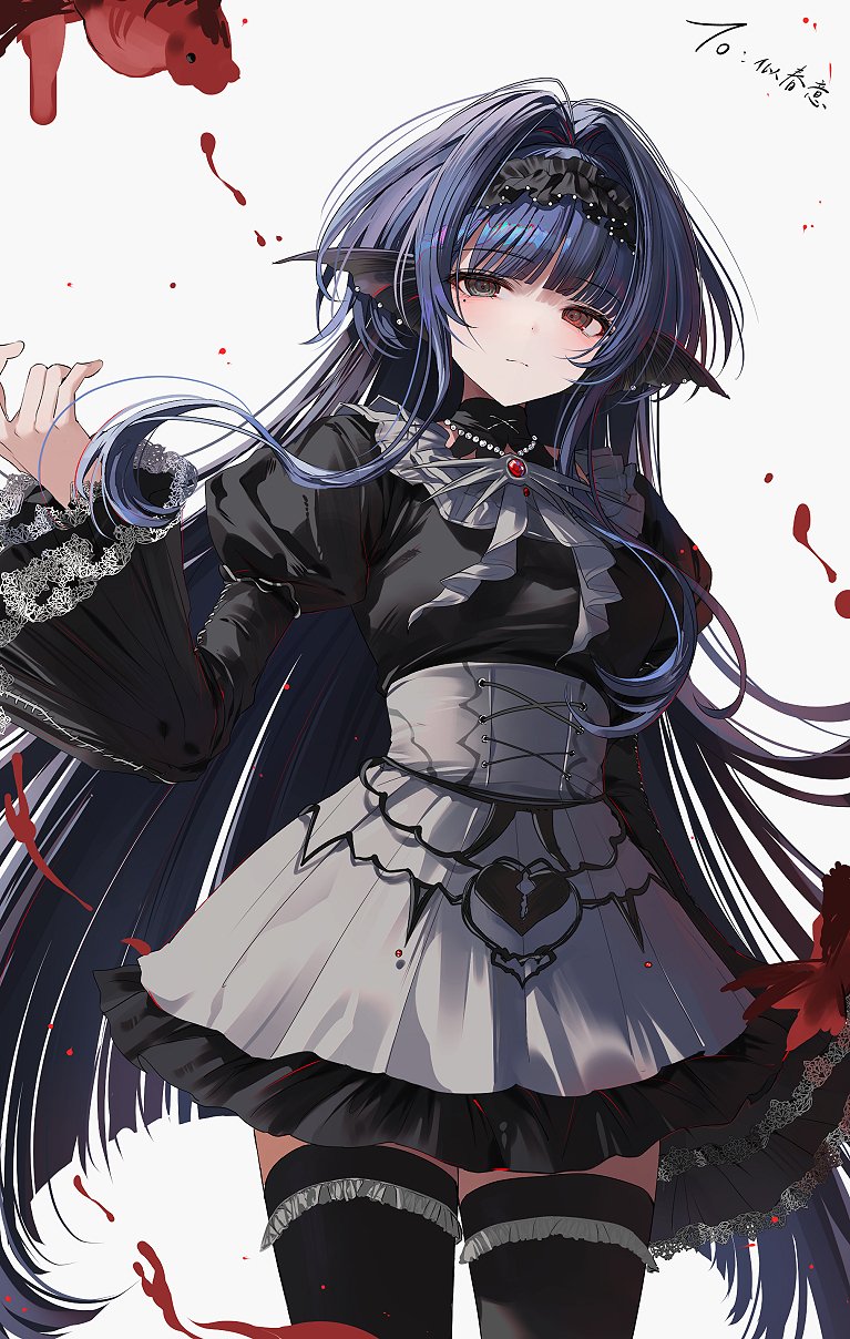 1girl arm_at_side black_dress blood blue_eyes blunt_bangs breasts brooch c0m3_as_y0u_ar3 character_request collar copyright_request corset dress expressionless fins fish frilled_collar frilled_dress frilled_skirt frilled_sleeves frills gem grey_eyes head_fins heart heterochromia highres jewelry locket lolita_fashion looking_at_viewer looking_down maid_headdress mole mole_under_eye necklace pearl_necklace pendant puffy_sleeves red_eyes red_gemstone skirt solo thighhighs thighs white_background zettai_ryouiki