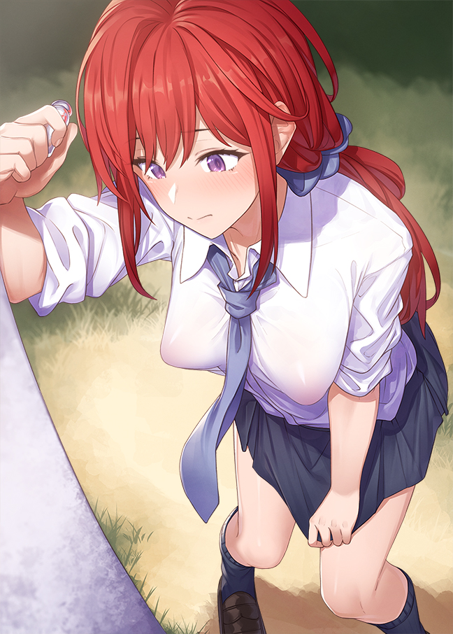 1girl blush breasts collared_shirt covered_erect_nipples ibuki_notsu kneehighs large_breasts long_hair necktie original ponytail purple_eyes red_hair shirt sidelocks skirt socks solo white_shirt