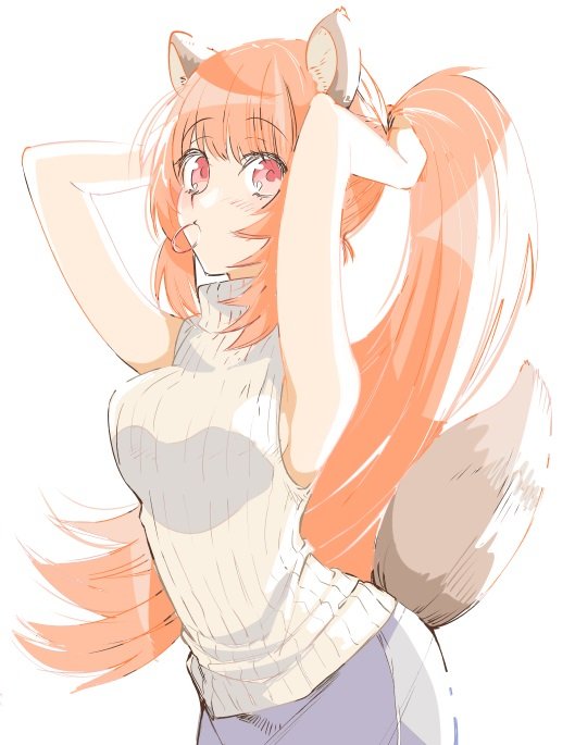 1girl animal_ears arms_up bare_shoulders blue_pants breasts commentary_request hair_tie_in_mouth light_blush long_hair looking_at_viewer medium_breasts momojiri2002 mouth_hold orange_hair pants ponytail raccoon_ears raccoon_girl raccoon_tail raphtalia red_eyes ribbed_sweater simple_background sleeveless sleeveless_sweater sleeveless_turtleneck solo sweater tail tate_no_yuusha_no_nariagari turtleneck turtleneck_sweater tying_hair upper_body white_background white_sweater