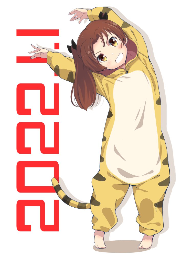 1girl 2022 animal_costume animal_print barefoot black_bow bow brown_eyes brown_hair buchikaki chinese_zodiac commentary full_body girls_und_panzer grin hair_bow kadotani_anzu leaning_to_the_side long_hair looking_at_viewer new_year onesie parted_bangs shadow simple_background smile solo standing tiger_costume tiger_print twintails white_background year_of_the_tiger