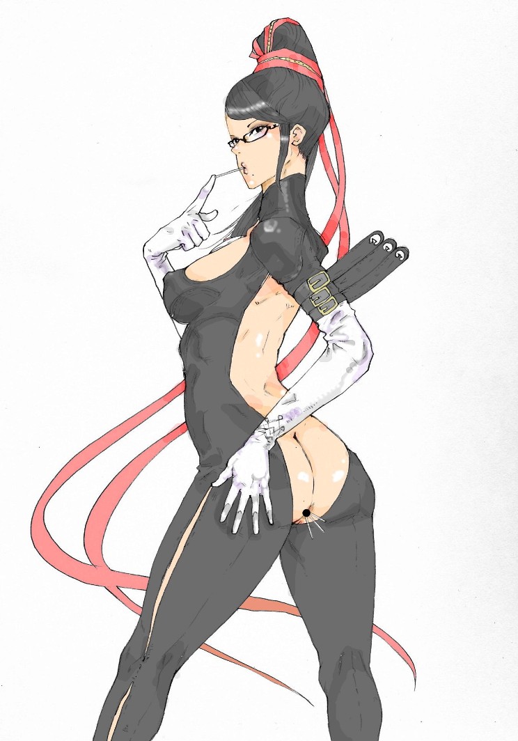 1girl anal anus ass ass_grab backless_outfit bare_back bayonetta bayonetta_(series) bayonetta_1 belt black_eyes black_hair breasts candy censored elbow_gloves female_focus food glasses gloves hair_ribbon hair_up hand_on_own_ass kyuraa_(kyura9een) large_breasts lollipop looking_at_viewer looking_back mole mole_under_mouth nipples object_insertion open_clothes ribbon sideboob simple_background solo strap