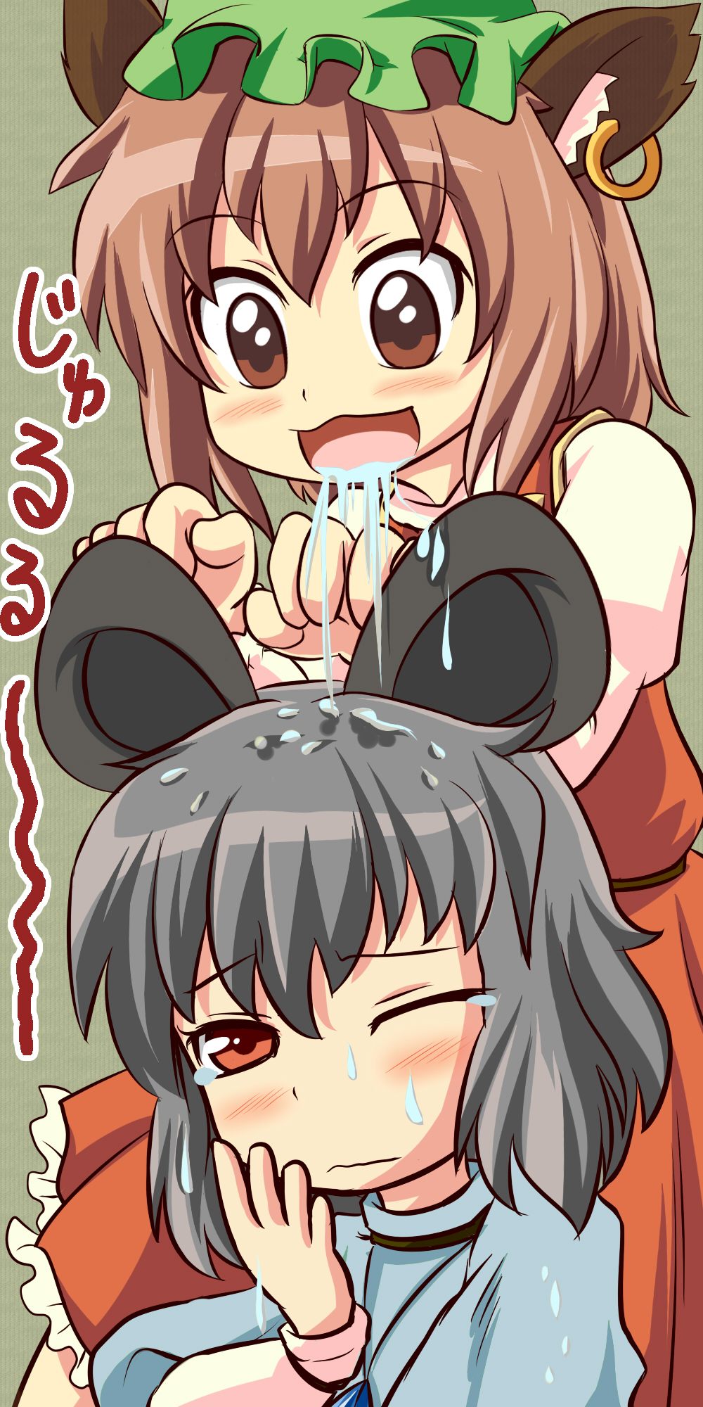 2girls animal_ears bad_id bad_pixiv_id blush brown_eyes brown_hair capelet cat_ears cat_girl chen dokuta drooling earrings female_focus grey_hair highres jewelry mouse_ears multiple_girls nazrin red_eyes saliva short_hair touhou wince