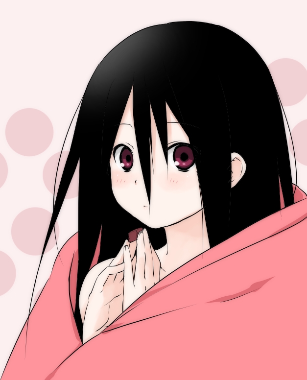 00s 1girl black_hair blanket ekra female_focus komori_kiri long_hair looking_at_viewer pink_eyes polka_dot polka_dot_background sayonara_zetsubou_sensei solo upper_body