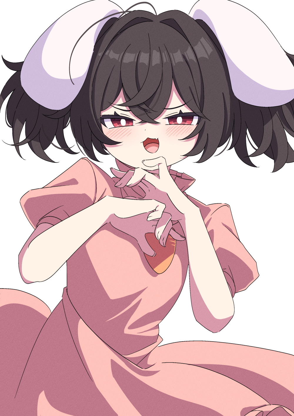 1girl :3 alternate_hairstyle animal_ears black_hair blush bright_pupils carrot_necklace commentary_request cowboy_shot dress fang floppy_ears hair_between_eyes hair_intakes highres inaba_tewi jewelry looking_at_viewer necklace open_mouth pink_dress puffy_short_sleeves puffy_sleeves rabbit_ears rabbit_girl red_eyes short_hair short_sleeves simple_background smug solo touhou tsukimirin two_side_up white_background white_pupils