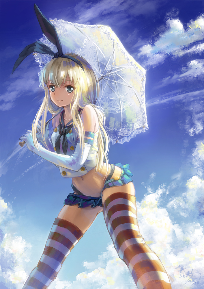 10s 1girl blonde_hair blue_eyes blue_sky cloud cloudy_sky crop_top crop_top_overhang day elbow_gloves female_focus gloves hairband holding kantai_collection long_hair looking_at_viewer midriff miyai_haruki navel pleated_skirt revision school_uniform serafuku shimakaze_(kancolle) skirt sky smile solo striped_clothes striped_thighhighs thighhighs umbrella