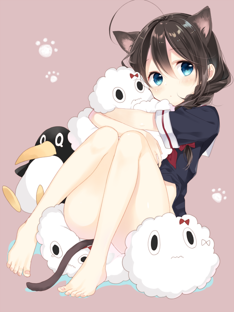 1girl ahoge animal_ears barefoot bird bottomless bow brown_hair closed_mouth cloud commentary_request ears_visible_through_hair failure_penguin feet hair_between_eyes holding hug kantai_collection kemonomimi_mode knees_together_feet_apart long_hair looking_at_viewer miss_cloud naoto_(tulip) no_panties no_pants paw_print paw_print_pattern penguin red_neckwear shigure_(kancolle) simple_background sitting tail toenails toes