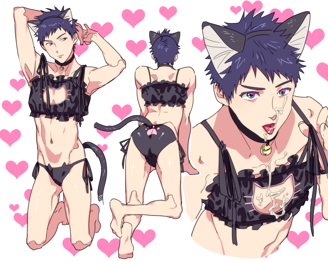 10s 1boy animal_ears ass barefoot bell collar cum cum_on_body days_(manga) facial kimidake lingerie looking_at_viewer male_focus mizuki_hisahito solo_focus tail tongue tongue_out underwear yaoi