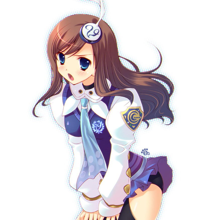 1girl alfa_system bad_id bad_pixiv_id blue_eyes blush brown_hair female_focus long_hair looking_at_viewer lumia_waber mame-p open_mouth phantasy_star phantasy_star_portable phantasy_star_portable_2 solo