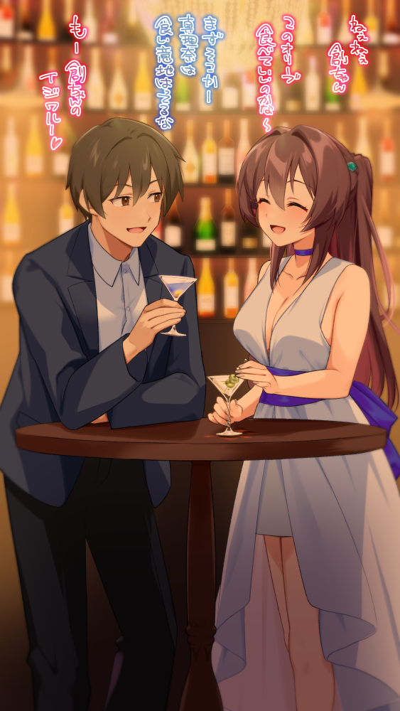 1boy 1girl back_bow bar_(place) black_jacket black_pants blue_bow blue_choker blush bottle bow breasts brown_eyes brown_hair choker cleavage closed_eyes collarbone couple cup dress drinking_glass facing_another hair_intakes hetero jacket katsuragi_marina kouyoku_senki_exs-tia koyubi_maru long_hair looking_at_another medium_breasts olive open_mouth pants ponytail shihou_souma shirt smile standing table translation_request white_dress white_shirt wine_bottle