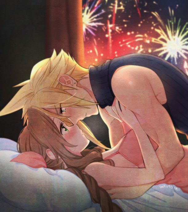 1boy 1girl aerith_gainsborough unworn_armor bare_arms bed bed_sheet blonde_hair blue_eyes blue_shirt blush boy_on_top braid braided_ponytail brown_hair cloud_strife couple curtains dress earrings final_fantasy final_fantasy_vii final_fantasy_vii_remake fireworks green_eyes hair_between_eyes hair_ribbon hands_on_another&#039;s_chest imminent_kiss indoors jacket unworn_jacket jewelry krudears muscular muscular_male parted_bangs parted_lips pillow pink_dress ribbon shirt sidelocks single_earring sleeveless sleeveless_turtleneck spaghetti_strap spiked_hair square_enix turtleneck upper_body window