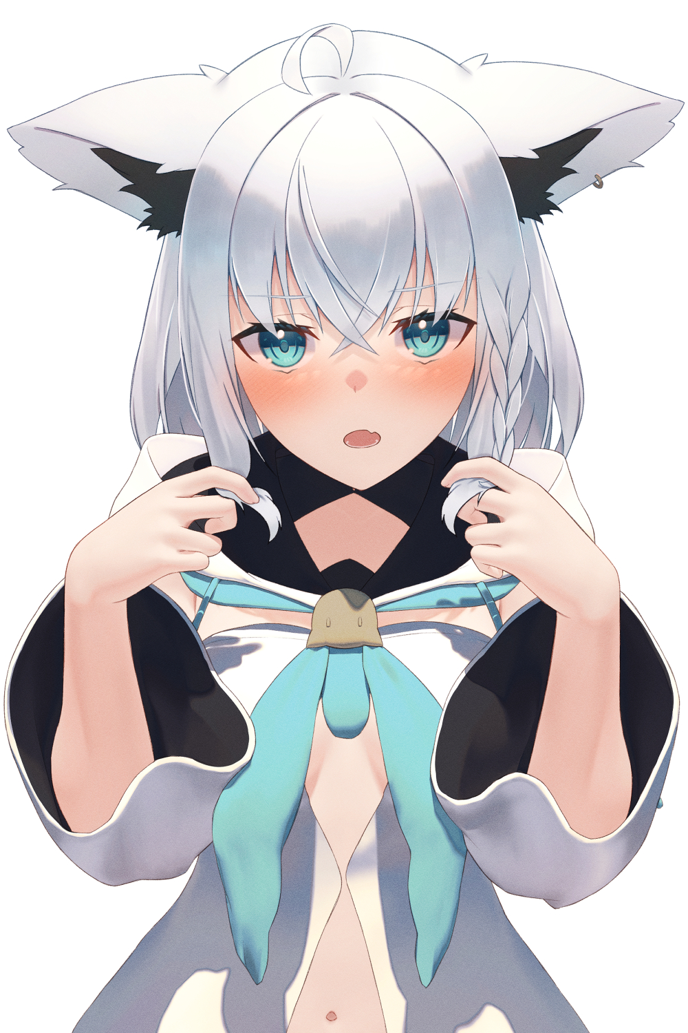 1girl ahoge animal_ear_fluff animal_ears aqua_eyes blue_neckerchief blush braid breasts detached_sleeves earrings ears_down fang fox_ears fox_girl hands_up highres hololive hood hoodie jewelry long_hair long_sleeves looking_at_viewer navel neckerchief open_mouth playing_with_own_hair shirai_yu shirakami_fubuki shirakami_fubuki_(1st_costume) side_braid sidelocks simple_background single_earring skin_fang solo virtual_youtuber white_background white_hair white_hoodie white_sleeves wide_sleeves