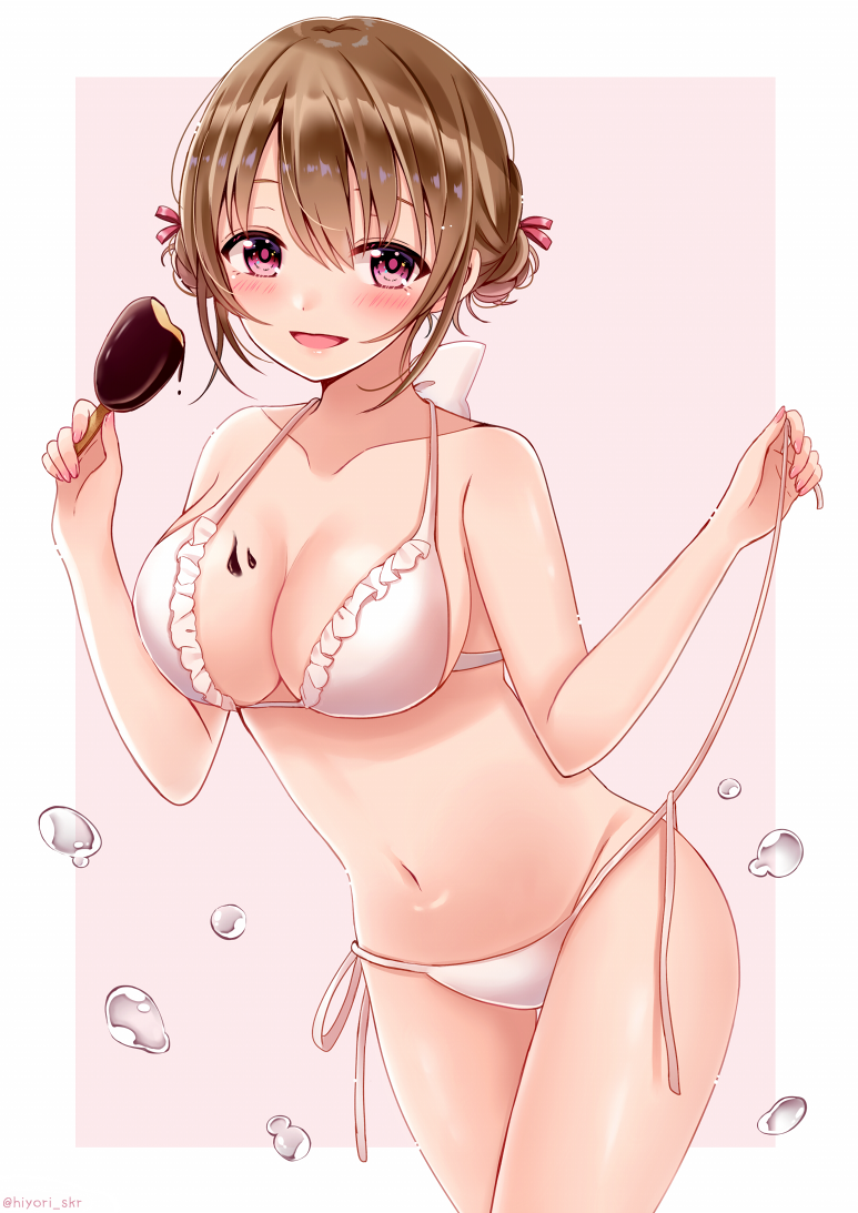 1girl :d bare_arms bare_shoulders bikini blush breasts brown_background brown_hair cleavage collarbone commentary_request eyebrows_hidden_by_hair food food_on_body food_on_breasts frilled_bikini frills groin hair_between_eyes holding holding_food ice_cream medium_breasts navel open_mouth original red_eyes sakura_hiyori side-tie_bikini_bottom smile solo swimsuit two-tone_background untied_bikini water_drop white_background white_bikini