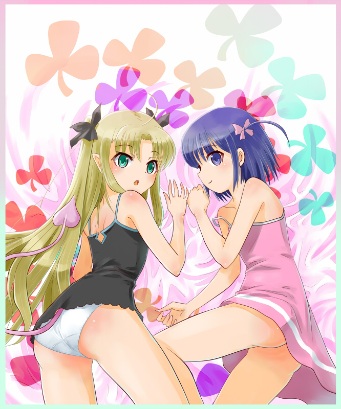 2girls ahoge ass astarotte_ygvar blonde_hair blue_eyes blue_hair camisole demon_girl demon_tail fang green_eyes hair_ribbon kakuno lotte_no_omocha! multiple_girls no_panties panties pointy_ears ribbon short_twintails smile demon_girl tail touhara_asuha twintails underwear white_panties