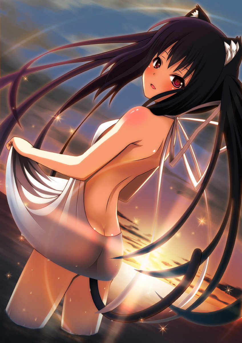 1girl animal_ears ass back bare_shoulders black_hair blush butt_crack cat_ears cat_tail clothes_lift cloud dress dutch_angle female_focus from_behind halterneck highres k-on! long_hair looking_back nakano_azusa no_bra no_panties nukunuku_(hinataboltuko) ocean open_mouth red_eyes skirt skirt_lift sky smile solo sparkle sun sunset tail twintails very_long_hair wading water wet white_dress