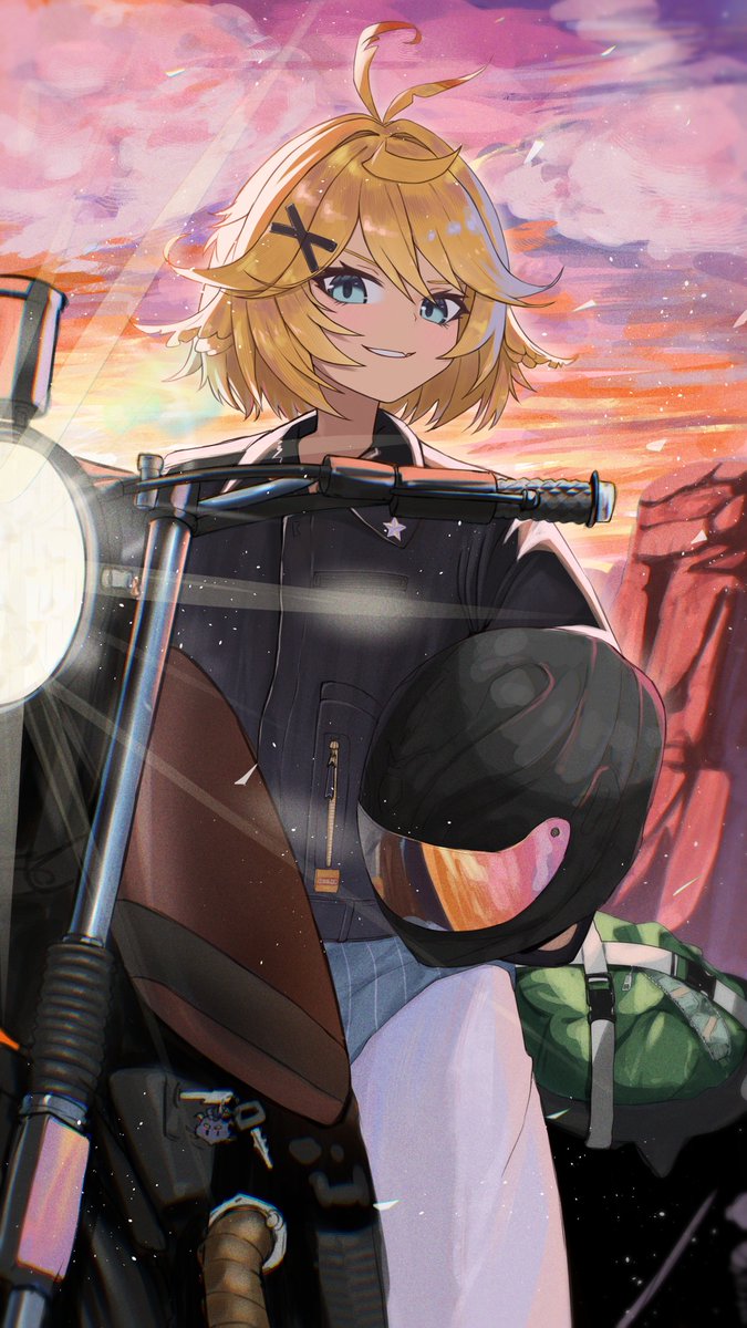 1girl antenna_hair black_jacket blonde_hair blue_eyes dokibird_(vtuber) dokibird_(vtuber)_(bounty_hunter) hair_between_eyes hair_flaps hair_ornament helmet highres holding holding_helmet indie_virtual_youtuber jacket kroble leather leather_jacket long_sleeves looking_at_viewer motor_vehicle motorcycle motorcycle_helmet official_alternate_costume official_alternate_hairstyle on_motorcycle outdoors pants short_hair solo unworn_headwear unworn_helmet virtual_youtuber white_pants x_hair_ornament