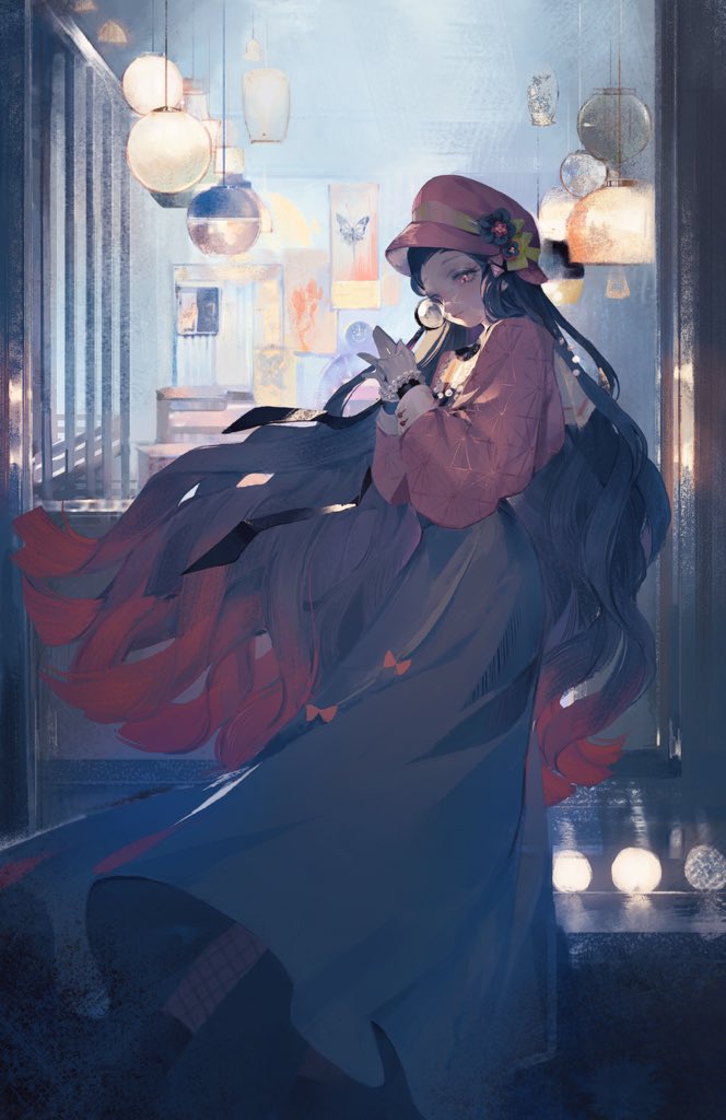 1girl asa_no_ha_(pattern) black_hair bracelet gradient_hair jewelry kamado_nezuko kimetsu_no_yaiba long_hair long_sleeves multicolored_hair own_hands_together pink_eyes pink_headwear red_hair solo very_long_hair weirui233