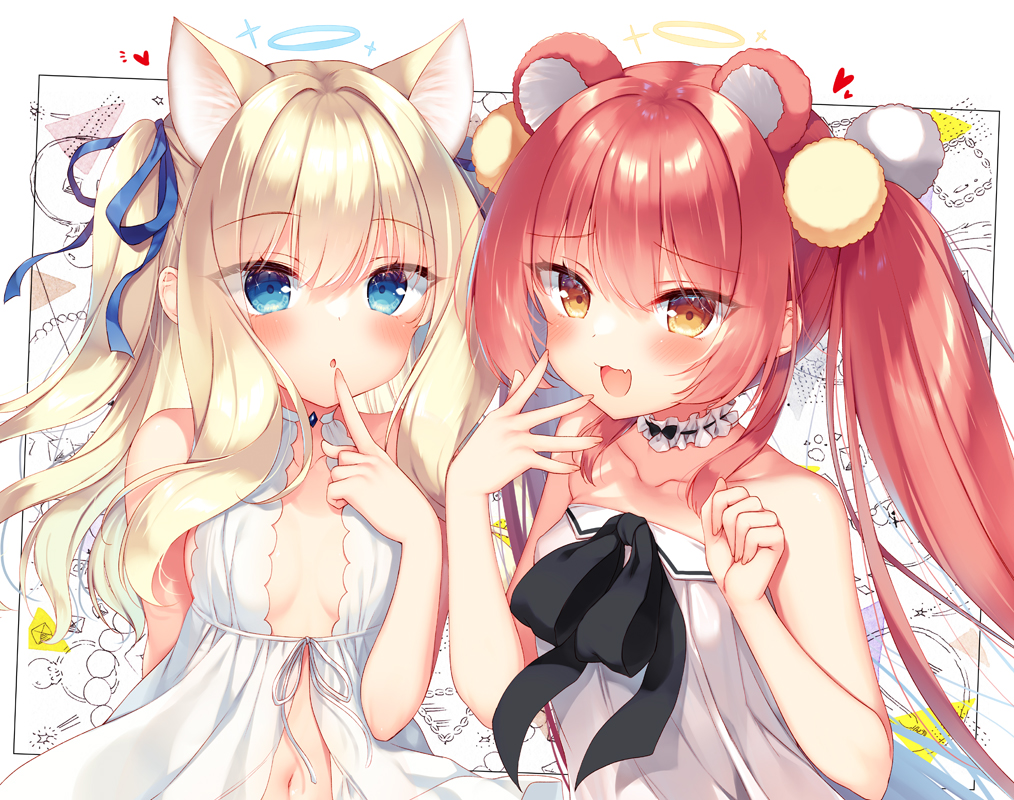 2girls :d :o aimyu animal_ears bare_arms bare_shoulders bear_ears black_bow blonde_hair blue_eyes blue_ribbon blush bow breasts chaloe collarbone commentary_request dress fang finger_to_mouth hair_ribbon halo multiple_girls open_mouth original parted_lips red_eyes red_hair ribbon sazaki_ichiri sleeveless sleeveless_dress small_breasts smile strapless strapless_dress twintails two_side_up white_background white_dress