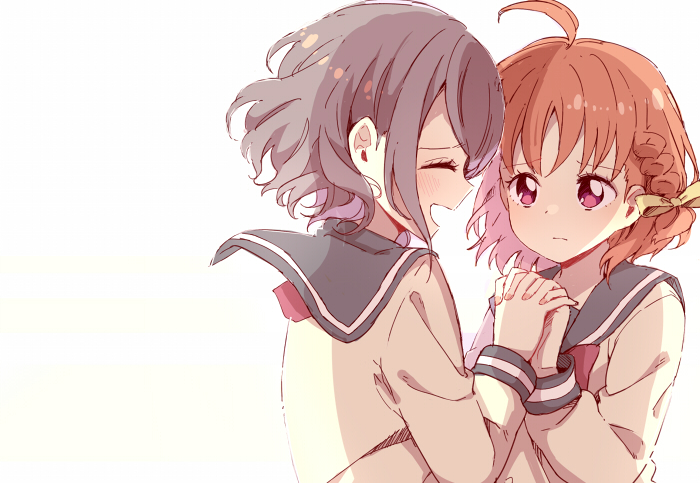 2girls ^_^ ahoge bad_id bad_pixiv_id bow braid closed_eyes grey_hair hair_bow holding_hands interlocked_fingers light_frown long_sleeves love_live! love_live!_sunshine!! multiple_girls open_mouth orange_hair ranan red_eyes school_uniform serafuku short_hair side_braid simple_background smile takami_chika upper_body watanabe_you white_background yellow_bow yuri