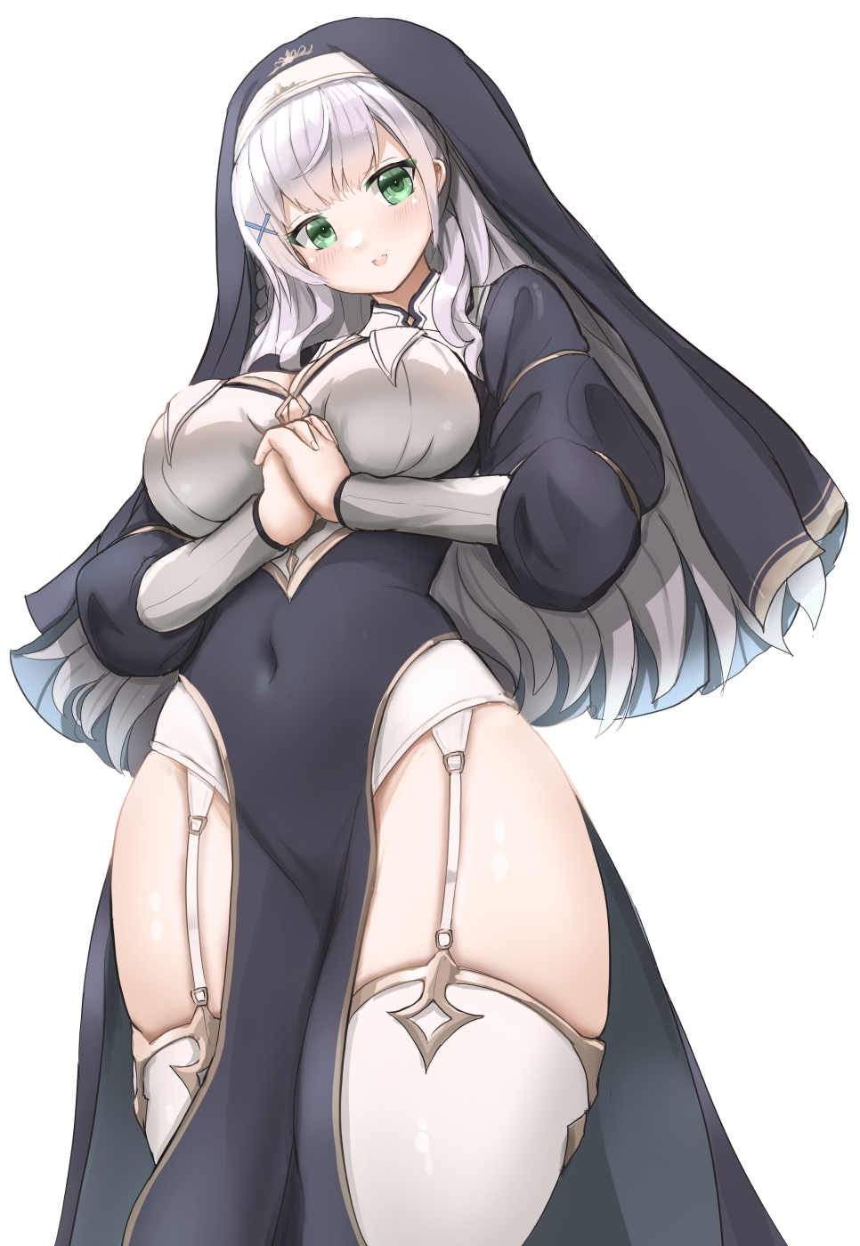 1girl black_dress breasts covered_navel dress garter_straps green_eyes grey_hair habit hair_ornament highres hololive large_breasts long_hair looking_at_viewer nun official_alternate_costume open_mouth own_hands_together redundant-cat shirogane_noel shirogane_noel_(nun) smile solo thick_thighs thighhighs thighs virtual_youtuber white_background white_garter_straps white_thighhighs x_hair_ornament