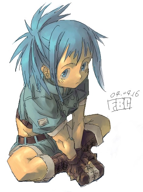 1girl 2004 artist_name belt blue_eyes blue_hair blue_shirt blue_shorts boots brown_belt brown_boots brown_gloves closed_mouth commentary_request crop_top dated fbc fingerless_gloves frown full_body gloves hands_on_own_feet leona_heidern ponytail shirt short_hair short_shorts short_sleeves shorts simple_background sitting solo the_king_of_fighters white_background