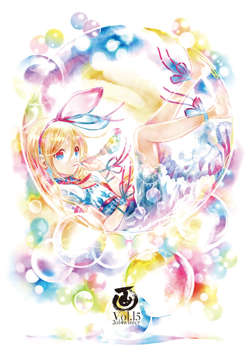 1girl 2014 ankle_ribbon bad_id barefoot blonde_hair blue_eyes bubble bubble_pipe colorful commentary_request dress earrings hair_between_eyes hairband in_bubble jewelry kei_(keigarou) leg_ribbon long_hair multiple_earrings original pink_hairband puffy_short_sleeves puffy_sleeves ribbon short_sleeves solo white_dress wrist_ribbon