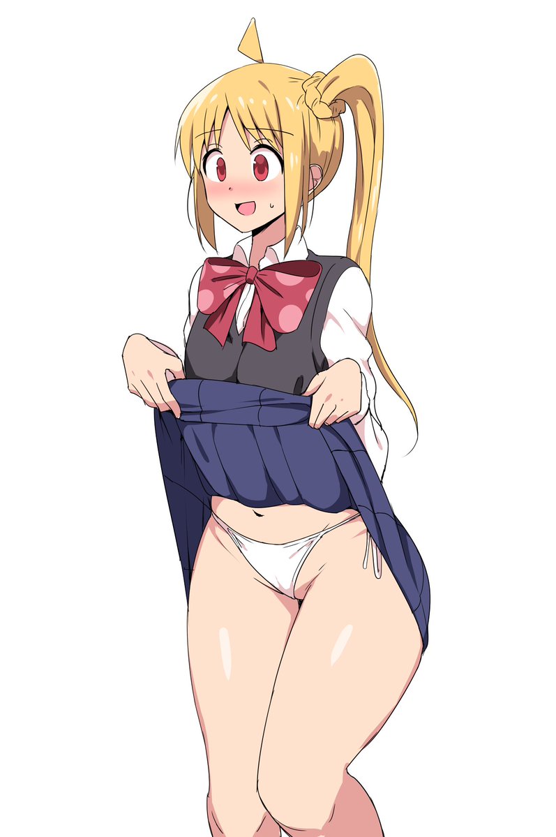 1girl ahoge blonde_hair blue_skirt blush bocchi_the_rock! bow bowtie breasts brown_cardigan cardigan clothes_lift groin ijichi_nijika large_ribbon lifting_own_clothes looking_at_viewer midriff_peek open_mouth panties pleated_skirt red_bow red_bowtie red_eyes school_uniform shirt side_ponytail simple_background skirt skirt_lift small_breasts solo underwear wani_doriru wavy_mouth white_background white_panties white_shirt