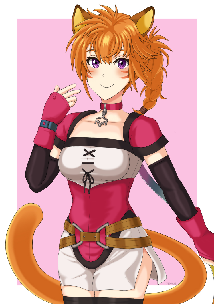 1girl animal_ears arm_guards belt blush braid brown_belt cat_ears cat_girl cat_tail choker facepaint facial_mark fire_emblem fire_emblem:_radiant_dawn hand_guard laguz_(fire_emblem) looking_at_viewer lyre_(fire_emblem) miven nintendo o-ring o-ring_belt orange_tail pink_choker purple_eyes shorts side_slit side_slit_shorts simple_background smile solo standing tail whisker_markings